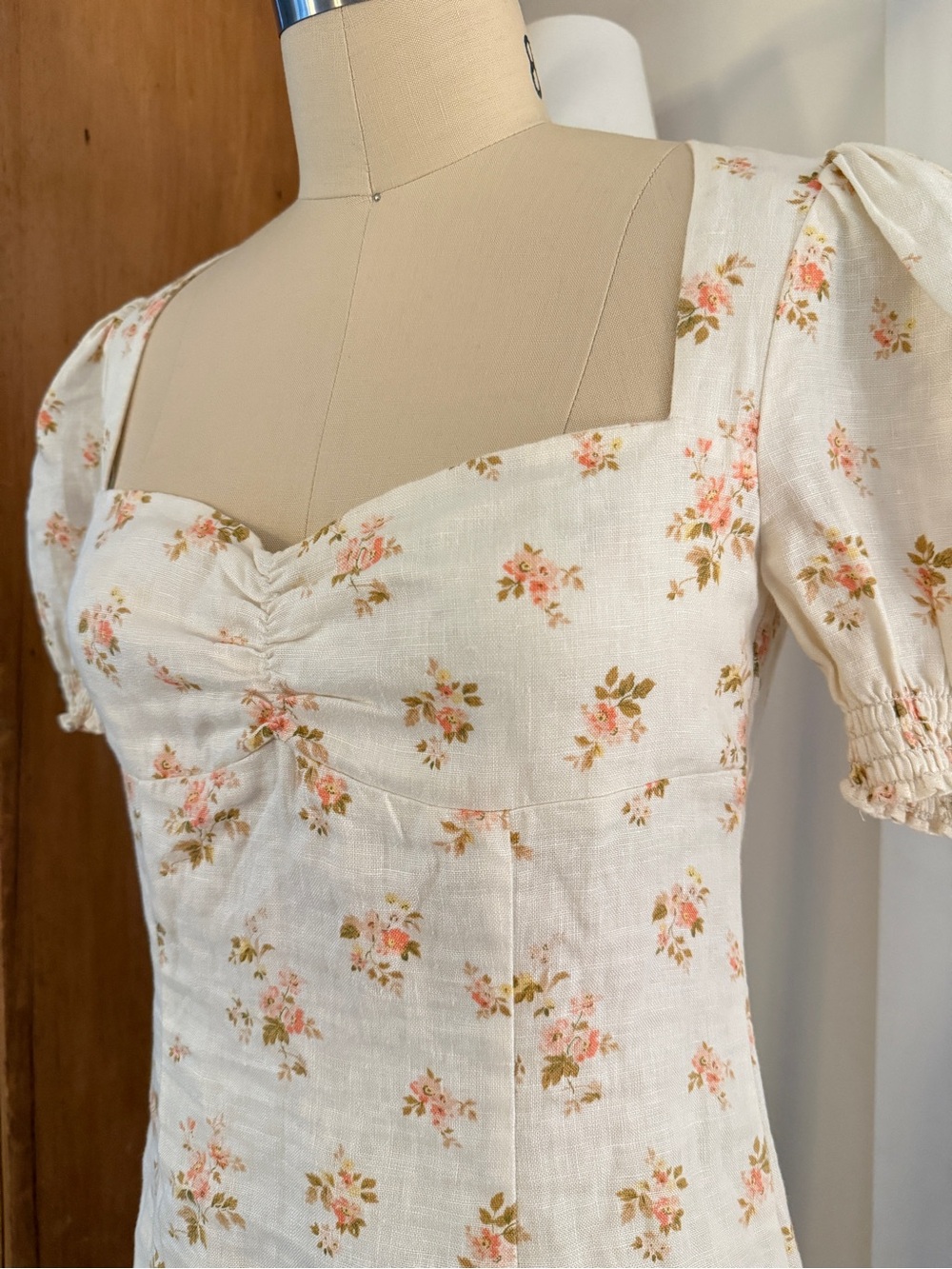 Reformation Gina Cream Floral Square-Neck Puff Sleeve Linen Mini Dress BWT - Picture 4 of 16